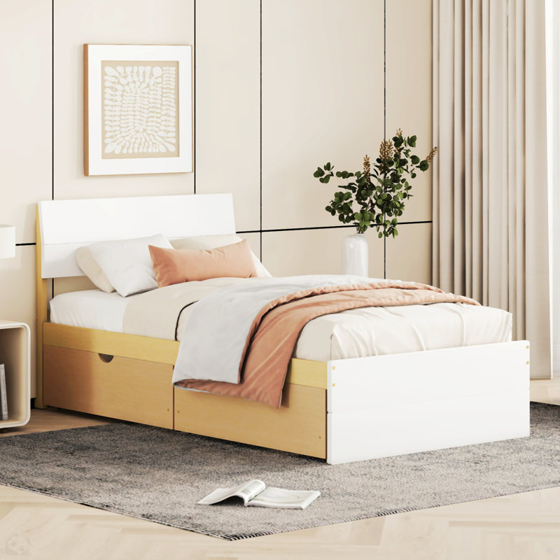 Modern Twin Bed Frame With 2 Drawers For White High Gloss Headboard And Footboard With Light Oak Color